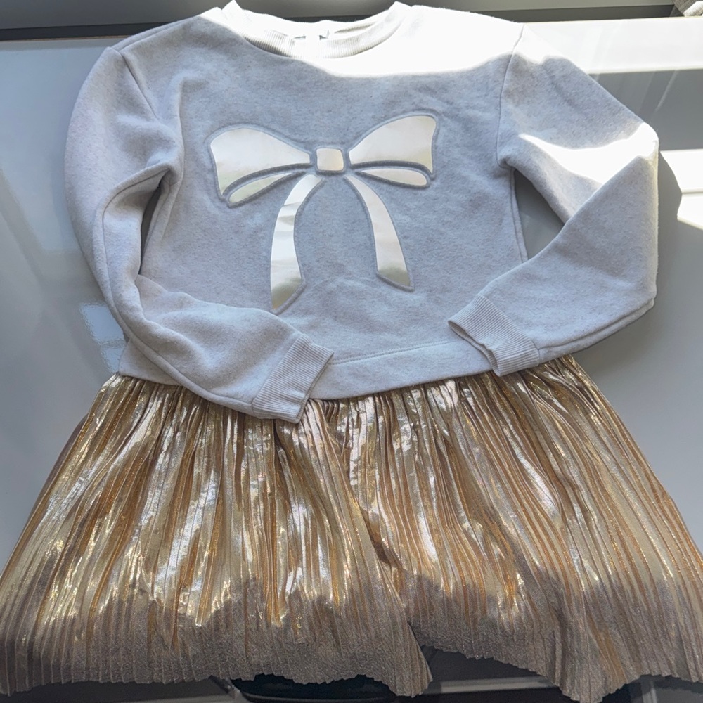 btween Cream Sweater Top with Gold Metallic Pleated Skirt Dress
